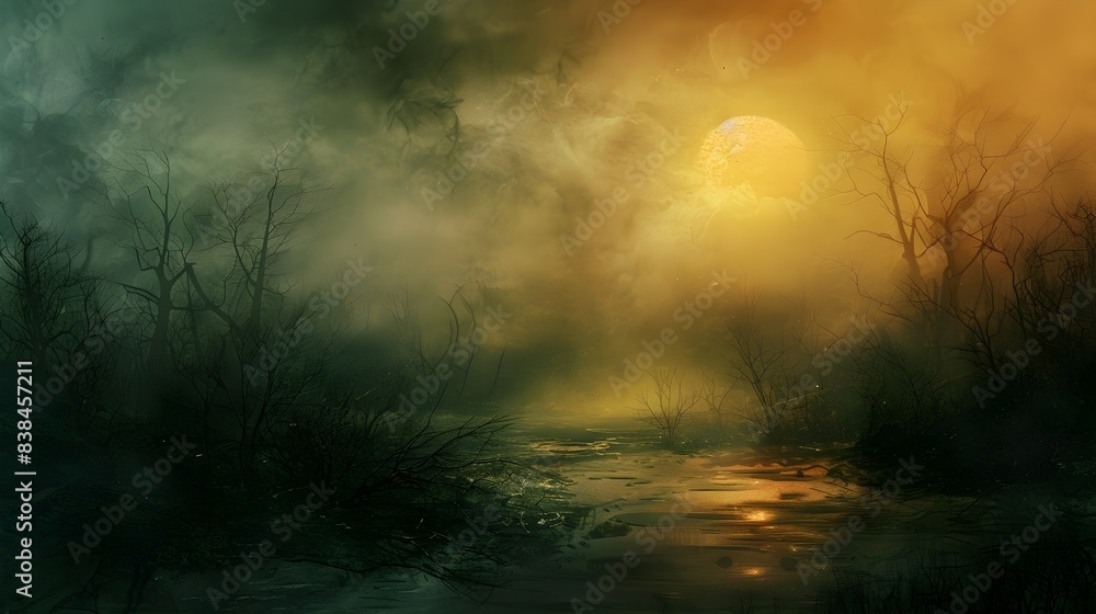 Fototapeta premium Moody Atmospheric Landscape with Dramatic Sunset Reflection in Misty Forest River