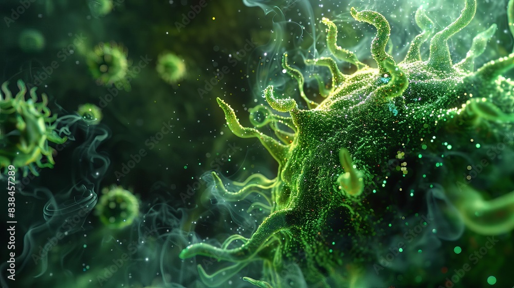 Fototapeta premium virus simulation at high magnification, long narrow panoramic view, cellular structure, chlorophyll, fictional graphics, micro level, in green