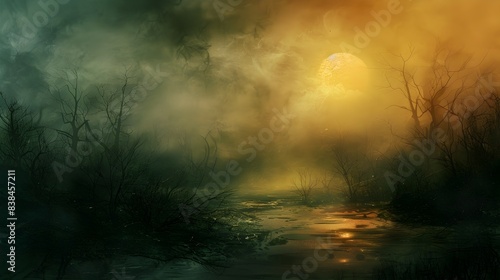Moody Atmospheric Landscape with Dramatic Sunset Reflection in Misty Forest River
