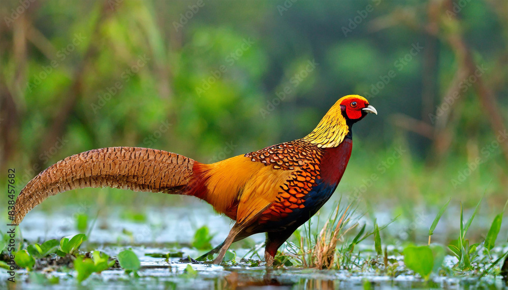 Golden Pheasant (Chrysolophus pictus) hunting in its natural habitat ...