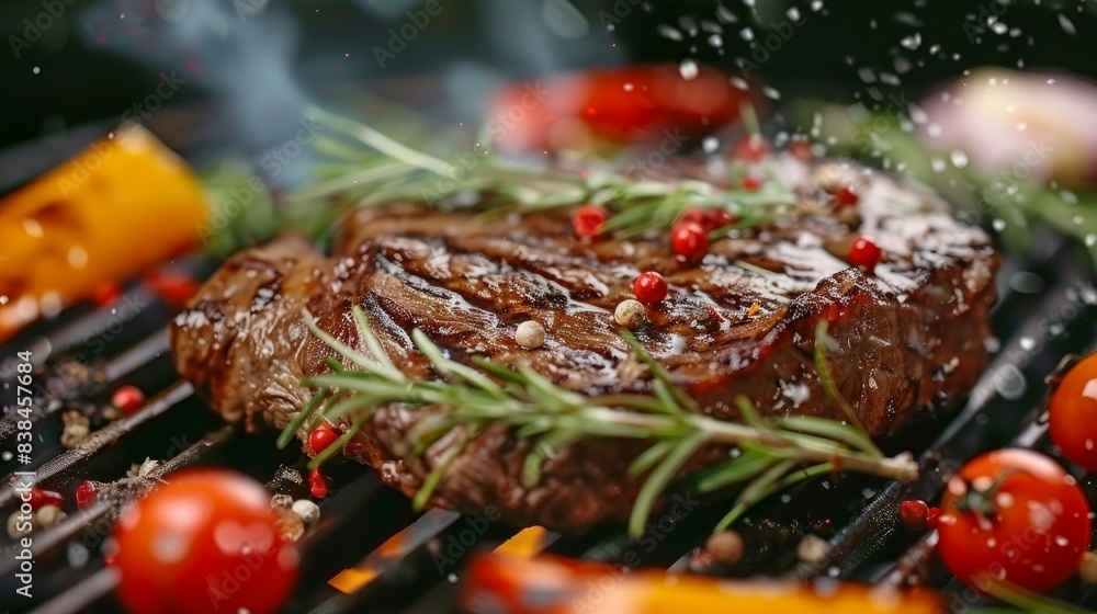 Grilled BBQ steak served with a variety of vegetables.
Grilled BBQ steak served with a variety of vegetables.