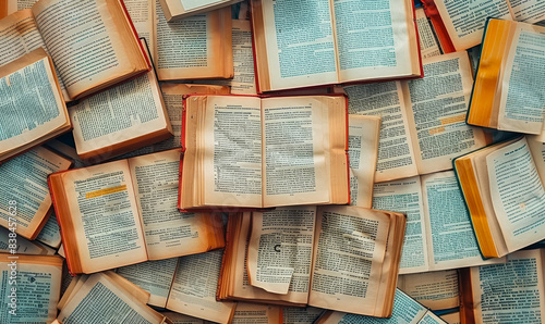 Overhead Closeup of Open Books with Text Pages Creating a Visual Literature Background for Study, Reading, and Literary Themes