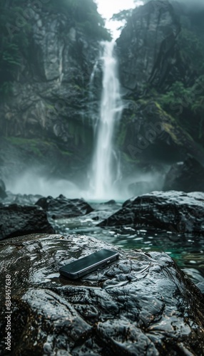 Waterproof Smartphone on Rock Near Serene Waterfall on a Misty Deserted Island