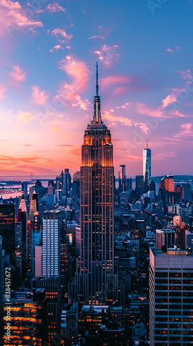 Empire State Building and Skyscrapers in New York City at Sunset, Majestic Urban Skyline, Prominent Landmark, Vibrant Evening Sky, Breathtaking Architecture, Iconic Cityscape, Serene Sunlit Panorama