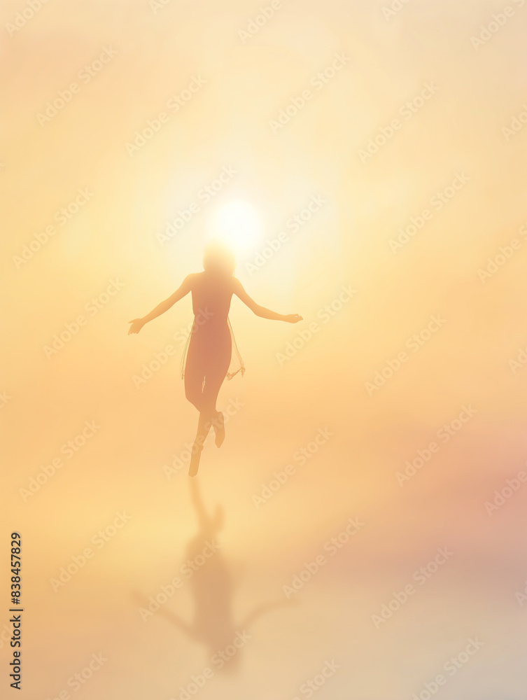 A silhouette of a woman gracefully leaping into the air against a glowing, ethereal background of soft, warm light A silhouette of a woman gracefully leaping into the air against a glowing, ethereal background of soft, warm light