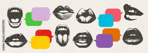 Set of speech bubbles, lips in the style of retro photocopies. The effect of grain and dotted lines. Texture in the form of vector points. Y2K grunge style templates with space for text.