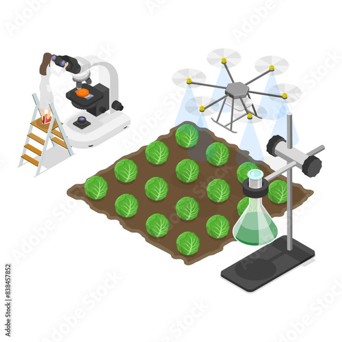 3D Isometric Flat Illustration of Agricultural Research, Artificial Food Products. Item 3 © TarikVision