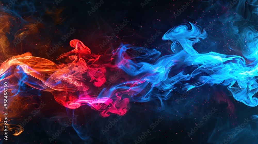 Obraz premium Abstract image combining colorful smoke, water splashes, fire flames, and cosmic stardust.