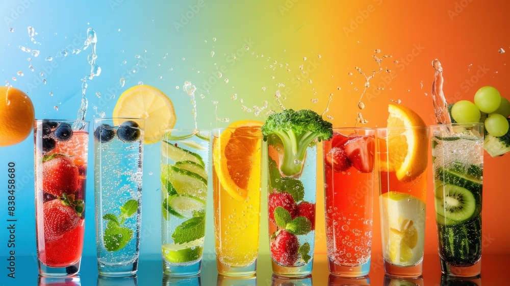Fototapeta premium A creative collage featuring glasses of water with fruits, vegetables, and junk food on a multicolored background.