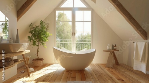 Chic attic bathroom featuring a stylish bathtub  wooden floors  and a balcony door.  