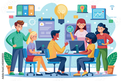 A collaborative computer lab with students sharing ideas and brainstorming solutions together