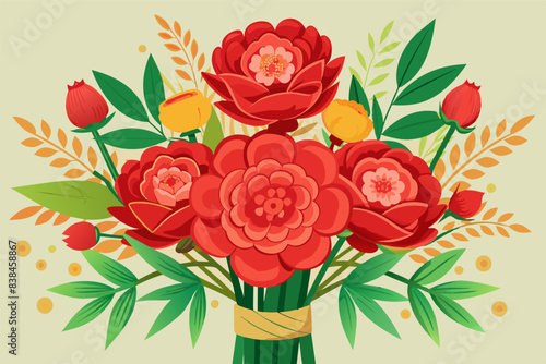 A celebratory Chinese New Year bouquet with red peonies and lucky bamboo stalks