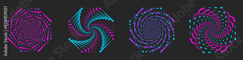 Abstract geometric design in the form of swirl dots with dotted spiral lines. Radial rotating halftone shape. Vector illustration.	
