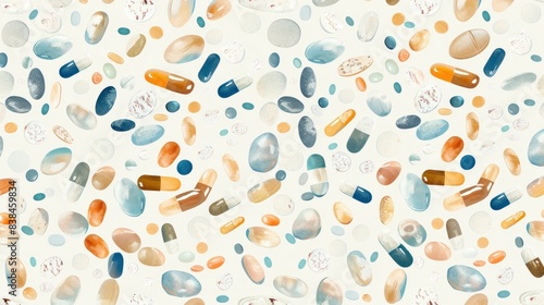 Seamless vintage pattern of pills and capsules on a white background.

