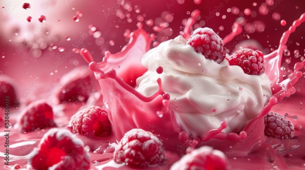 Dynamic Splash of Creamy Yogurt with Fresh Raspberries on a Vibrant Background for Poster or Design Dynamic Splash of Creamy Yogurt with Fresh Raspberries on a Vibrant Background for Poster or Design