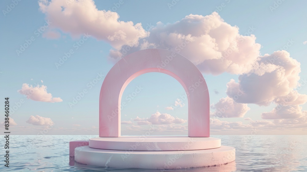 Podium backdrop for product display featuring dreamy clouds and an arch frame.
Podium backdrop for product display featuring dreamy clouds and an arch frame.