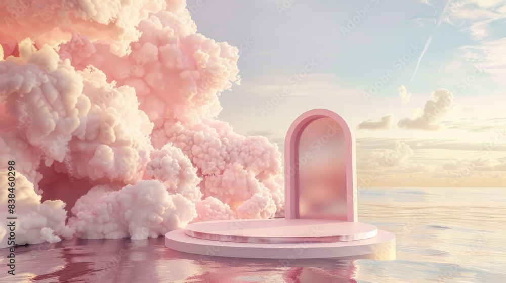 Podium backdrop for product display featuring dreamy clouds and an arch frame.
Podium backdrop for product display featuring dreamy clouds and an arch frame.