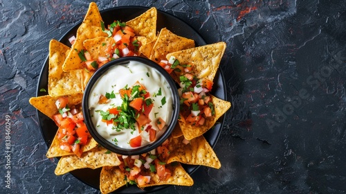 Top view of nachos with cheese sauce on a black slate.

 photo