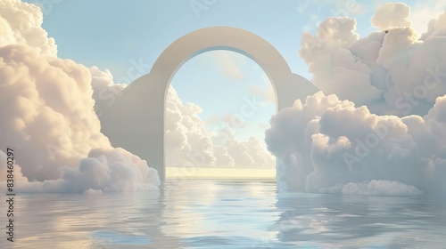 Podium backdrop for product display featuring dreamy clouds and an arch frame.