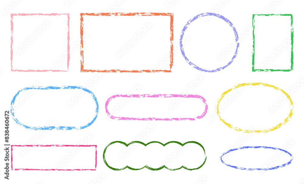 Set of hand-drawn crayon frames. Colorful, various shapes, vector collection. Square, circle doodle. Set of hand-drawn crayon frames. Colorful, various shapes, vector collection. Square, circle doodle.