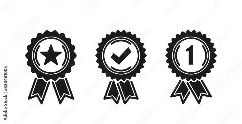 Black And White Vector Illustration Of Three Quality Award Badges Display A Star, A Check Mark, And The Number One Black And White Vector Illustration Of Three Quality Award Badges Display A Star, A Check Mark, And The Number One