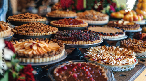  A table topped with various pies and pies placed on top of pie pans, all adorned with toppings