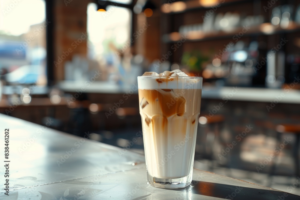Iced Latte with Layered Milk and Espresso in a Chic Coffee Shop Setting Iced Latte with Layered Milk and Espresso in a Chic Coffee Shop Setting