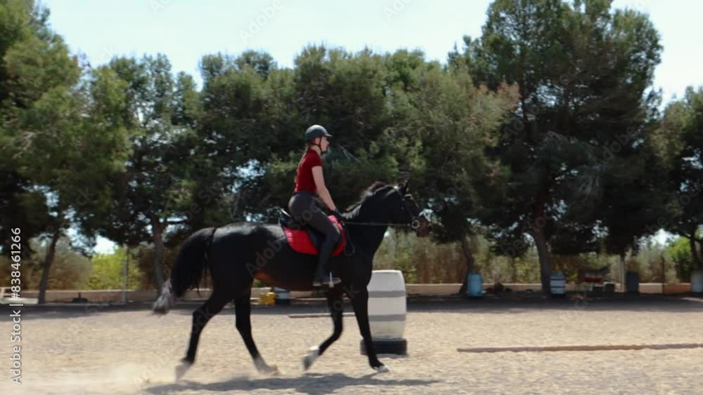 Professional female jockey rides on horseback. Horse runs on the sand . Slow motion video Professional female jockey rides on horseback. Horse runs on the sand . Slow motion video