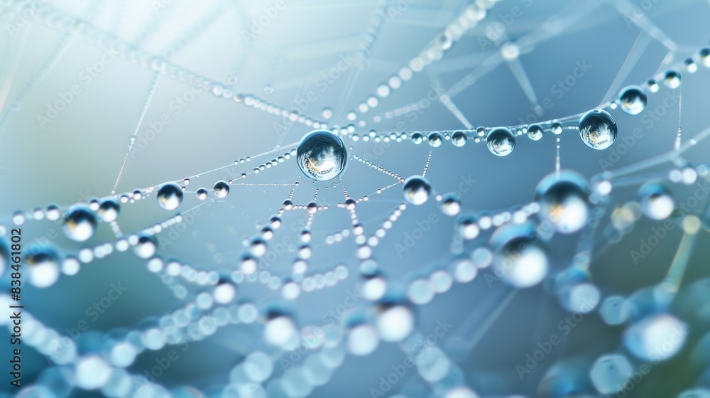 Obraz premium A spider web adorned with dew droplets in the early morning light.