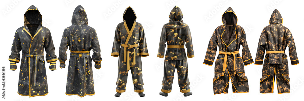 Set of boxing robe with gold and black design on a transparent background, png. Set of boxing robe with gold and black design on a transparent background, png.