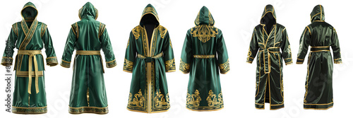 Green and gold detailed boxing robe from multiple angles on a transparent background, png.