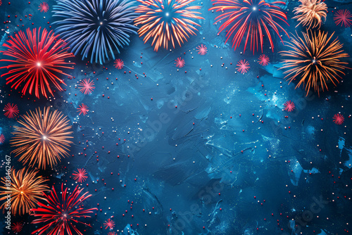 Colorful fireworks display on a blue background, perfect for celebrations and festive events. photo