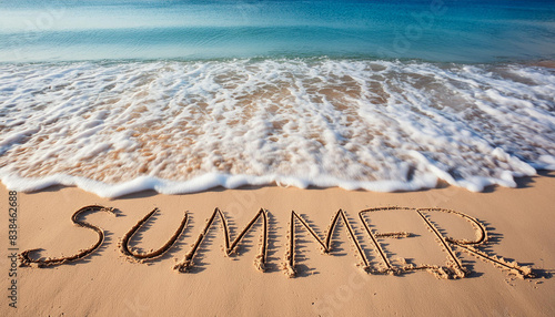 Fototapeta Naklejka Na Ścianę i Meble -  Summer word written on sand with blue sea wave on background summer holidays and beach vacation concept