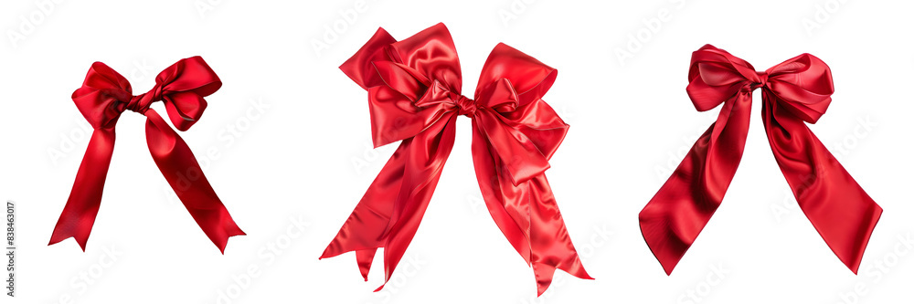 Set of three red gift bow for festive decoration on a transparent background, png. Set of three red gift bow for festive decoration on a transparent background, png.