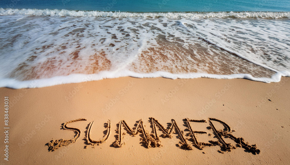 Fototapeta premium Summer word written on sand with blue sea wave on background summer holidays and beach vacation concept
