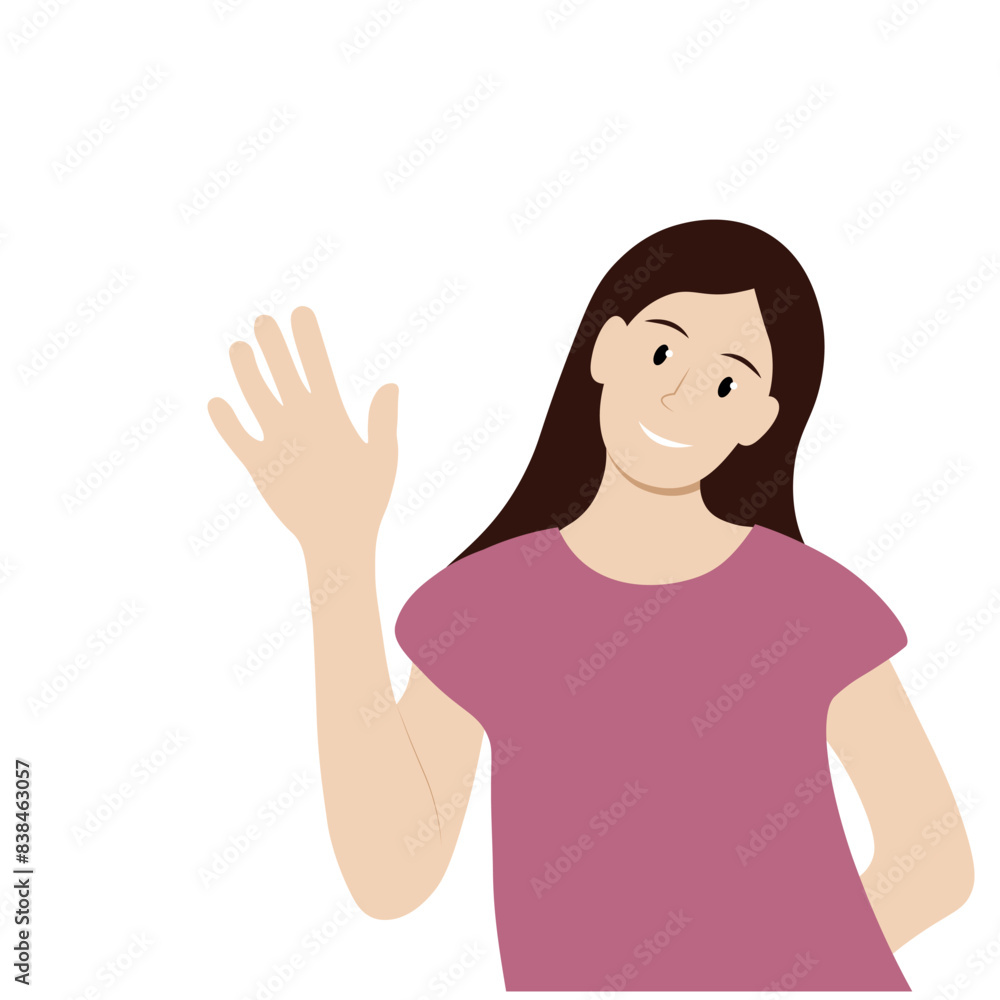 Portrait of a girl who raised her hand in greeting, isolate on white, simple illustration, flat style, minimalism Portrait of a girl who raised her hand in greeting, isolate on white, simple illustration, flat style, minimalism