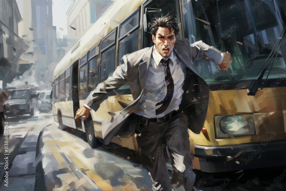 Late Businessman Chasing a Bus During Rush Hour on a Busy City Street - Urban Commute Concept Late Businessman Chasing a Bus During Rush Hour on a Busy City Street - Urban Commute Concept
