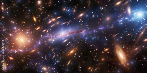 Quasar Quest  A galaxy cluster  with swirling galaxies and distant stars.