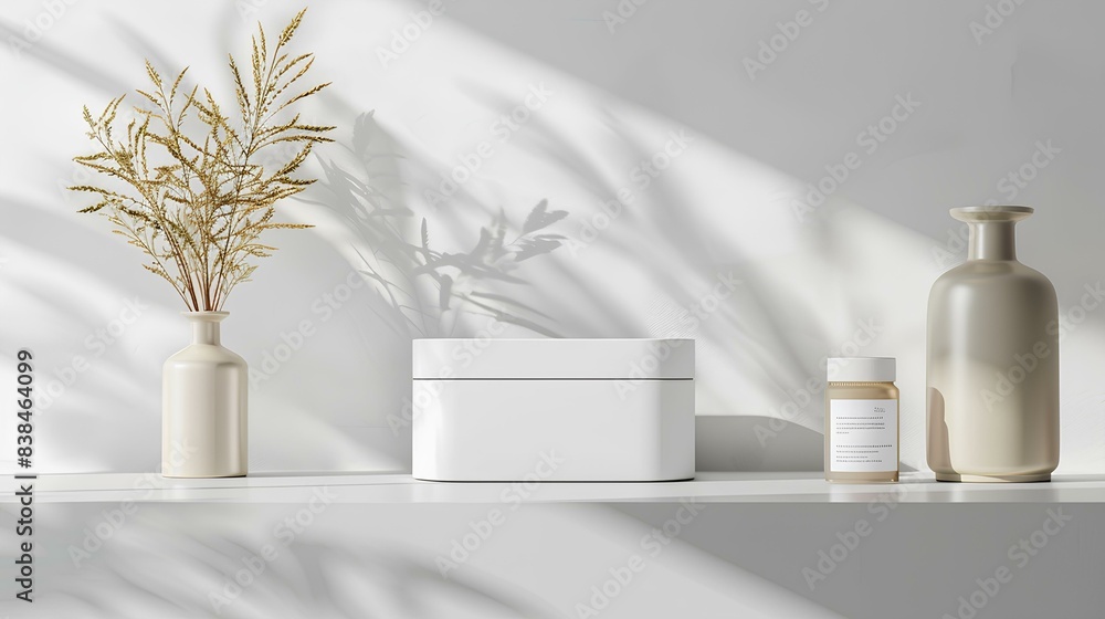 Modern product box mockup on a shelf with decorative vases and shadows. Modern product box mockup on a shelf with decorative vases and shadows.