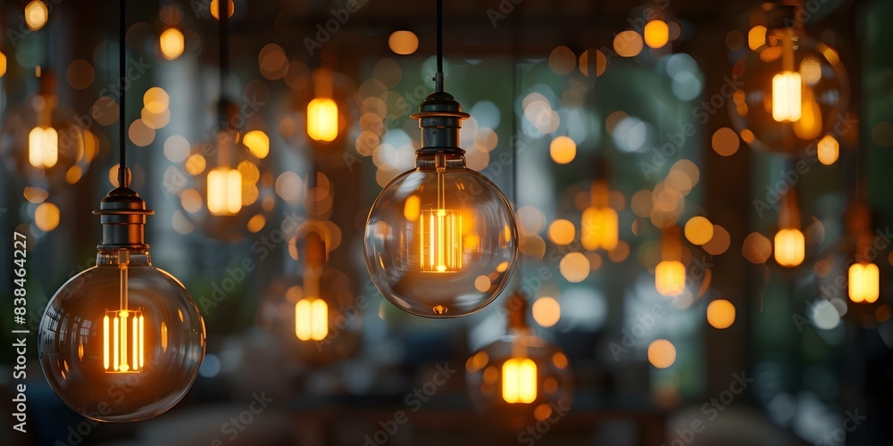 Illuminated Dark Room Assortment of Hanging Floor Lamps with Light Bulbs. Concept Bold Lighting, Interior Design, Ambient Atmosphere, Decorative Elements, Cozy Setting Illuminated Dark Room Assortment of Hanging Floor Lamps with Light Bulbs. Concept Bold Lighting, Interior Design, Ambient Atmosphere, Decorative Elements, Cozy Setting