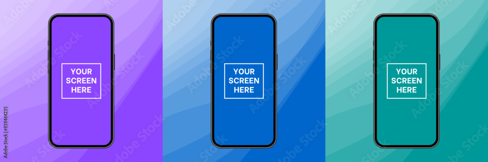 Mockup of a phone screen. Social media promotion. Purple, blue and green abstract backgrounds with wavy pattern. Smartphone display. Device front view. 3D mobile phone. Cell phone Mockup of a phone screen. Social media promotion. Purple, blue and green abstract backgrounds with wavy pattern. Smartphone display. Device front view. 3D mobile phone. Cell phone