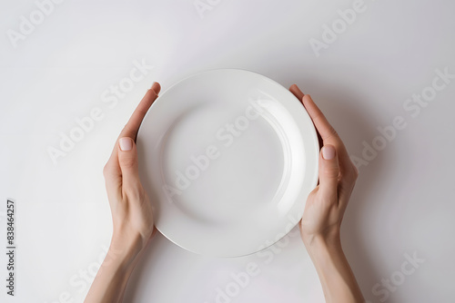 Top view Female hands holding a white empty plate mock up isolated on a white background