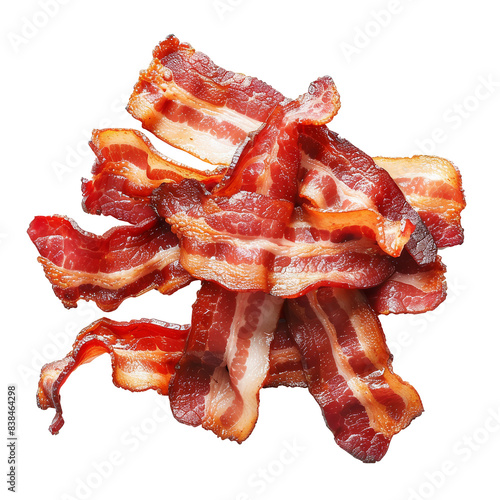 Crispy, cooked bacon strips in a pile, isolated on a white background, transparent background png