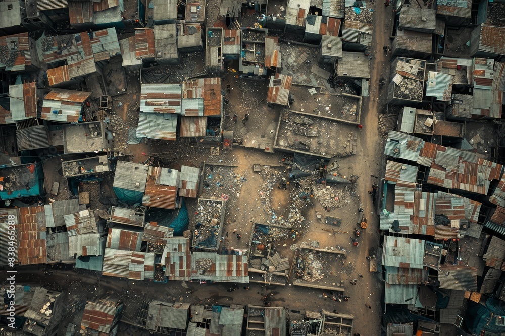 Aerial Perspective of Overpopulated Slum Highlighting Urban Crowd Density and Living Conditions Aerial Perspective of Overpopulated Slum Highlighting Urban Crowd Density and Living Conditions