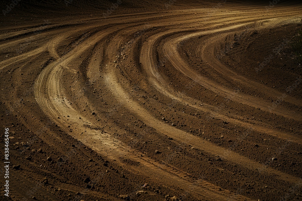 Naklejka premium Dramatic BMX Bike Tire Tracks on Dirt Track Highlighting Speed and Competition