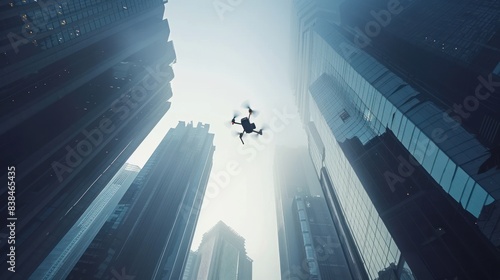 Drone flying over a modern city with skyscrapers