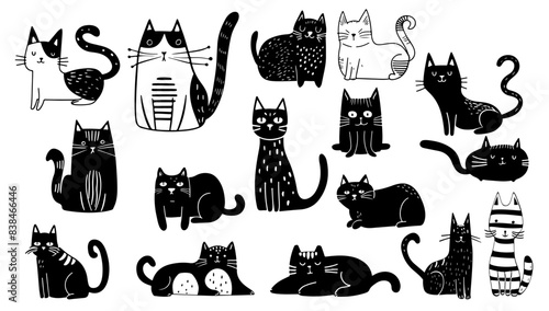 Vector black and white hand drawn cat set illustration. Cute pet cartoon and animal design art. Mammal character drawing outline shape and doodle sketch collection.