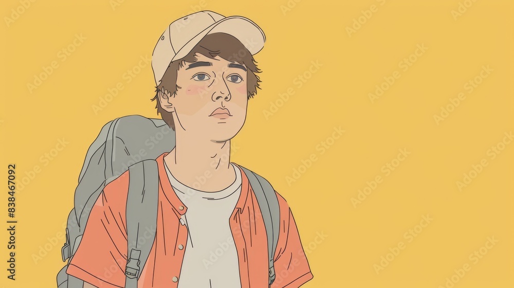Fototapeta premium A cartoon drawing of a man with backpack and hat on, AI