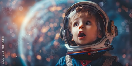 Fototapeta Naklejka Na Ścianę i Meble -  Astounded child in space helmet with planet backdrop showcasing futuristic technology. Concept Space Exploration, Futuristic Technology, Child Development, Planet Exploration, Imagination