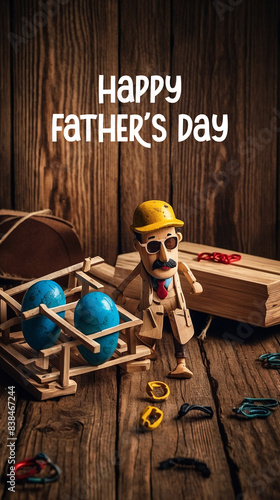 A Father's Day Card made of wood in a cinematic texture background.